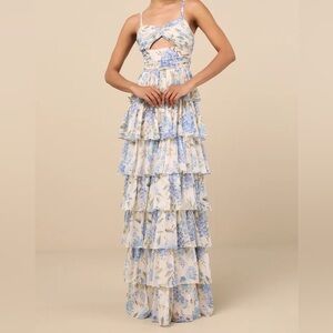 Lulus Arata Beige And Blue Floral Cutout Tiered Maxi Dress - Size XS